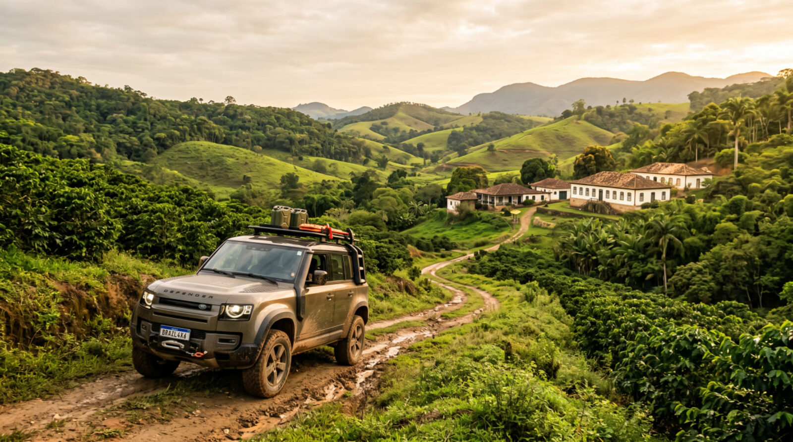 Land Rover Defender em estrada de terra entre cafezais, com casarão de fazenda histórica ao fundo